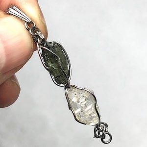 Moldavita Moldavite piedra auténtica colgante acero y cuarzo herkimer colganteaceroMM2A1
