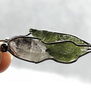 Moldavita piedra auténtica colgante acero y cuarzo herkimer MMJCH8A